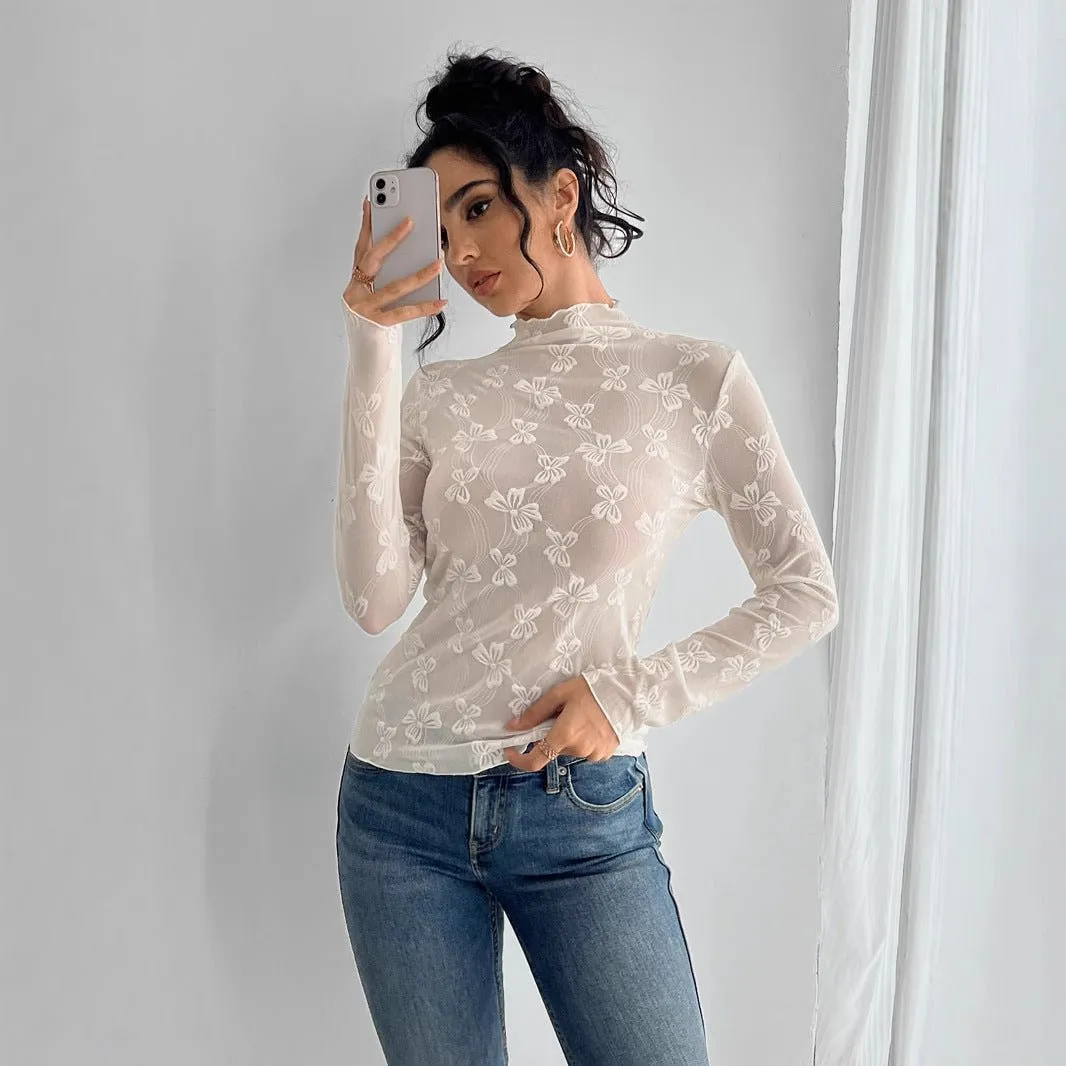 Women's butterfly jacquard mesh slim-fit small stand-up collar long-sleeved T-shirt top sold by Negative product image thumbnail 4
