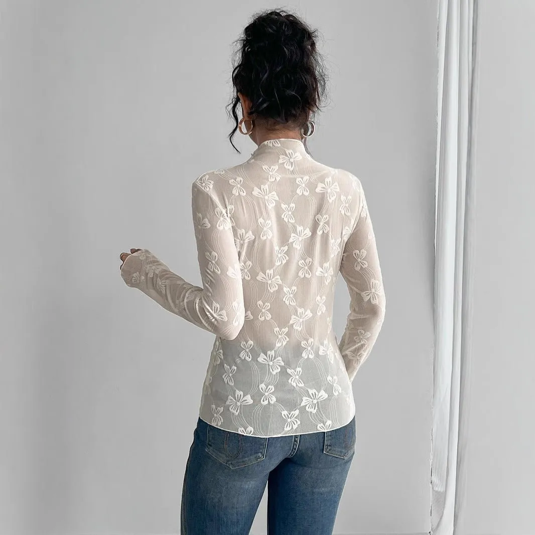 Women's butterfly jacquard mesh slim-fit small stand-up collar long-sleeved T-shirt top sold by Negative product image thumbnail 2