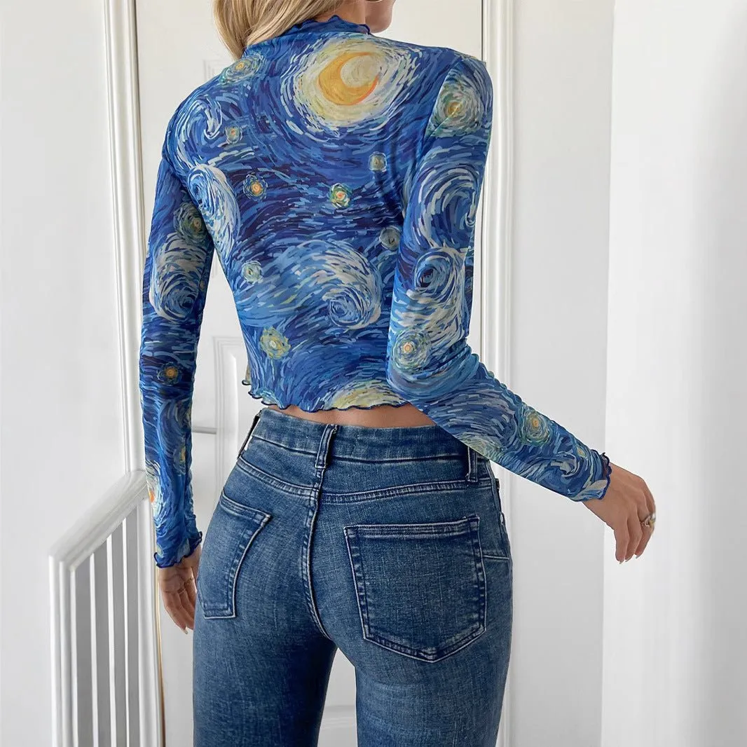 Women's blue printed small stand-up collar starry sky mesh short T-shirt top sold by Negative product image thumbnail 2