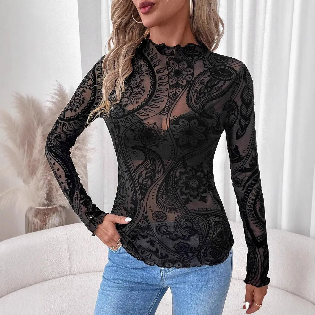 Women's paisley flocking printing mesh fungus edge long-sleeved T-shirt top sold by Negative product image thumbnail 3