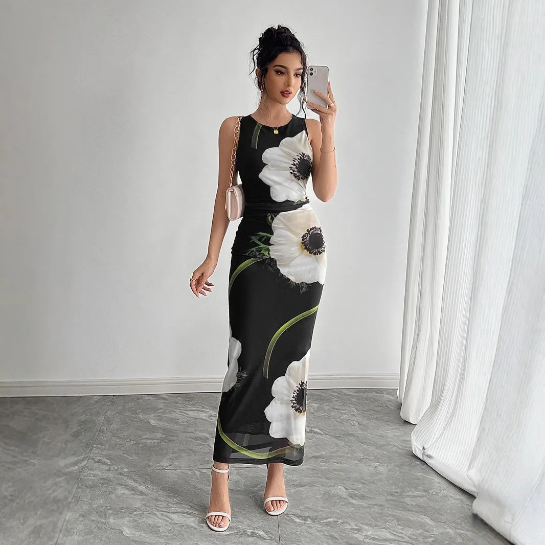 The Midnight Garden | Women's Mesh Floral Print Sleeveless Maxi Dress sold by Negative product image thumbnail 3