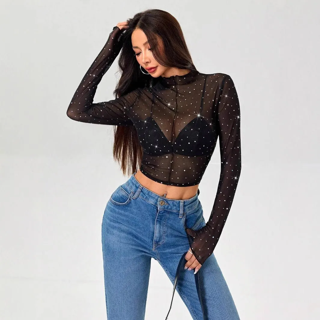 Women's small stand-up collar long-sleeved mesh transparent sequin decorative T-shirt sold by Negative product image thumbnail 4