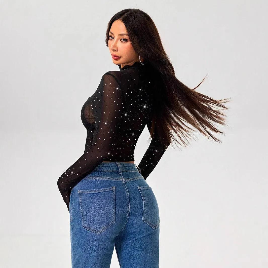 Women's small stand-up collar long-sleeved mesh transparent sequin decorative T-shirt sold by Negative product image thumbnail 2