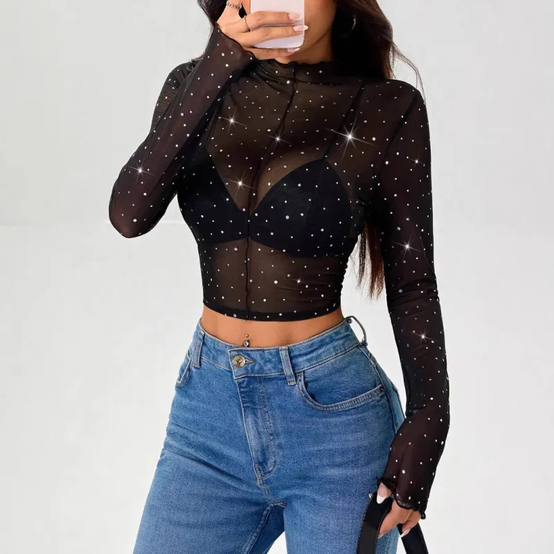 Women's small stand-up collar long-sleeved mesh transparent sequin decorative T-shirt made by Negative