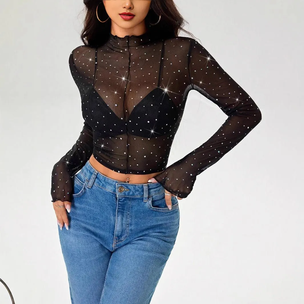 Women's small stand-up collar long-sleeved mesh transparent sequin decorative T-shirt sold by Negative product image thumbnail 5