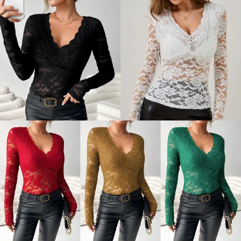 Women's elegant V-neck scalloped collar edge long-sleeved slim-fitting slim pullover lace top made by Negative