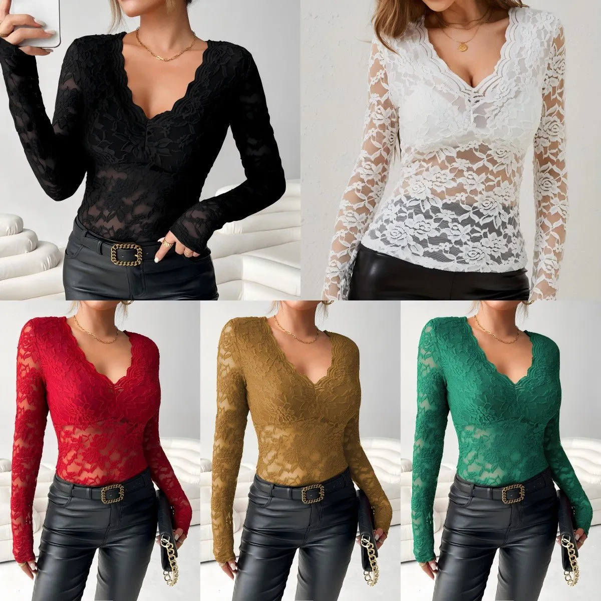 Women's elegant V-neck scalloped collar edge long-sleeved slim-fitting slim pullover lace top sold by Negative