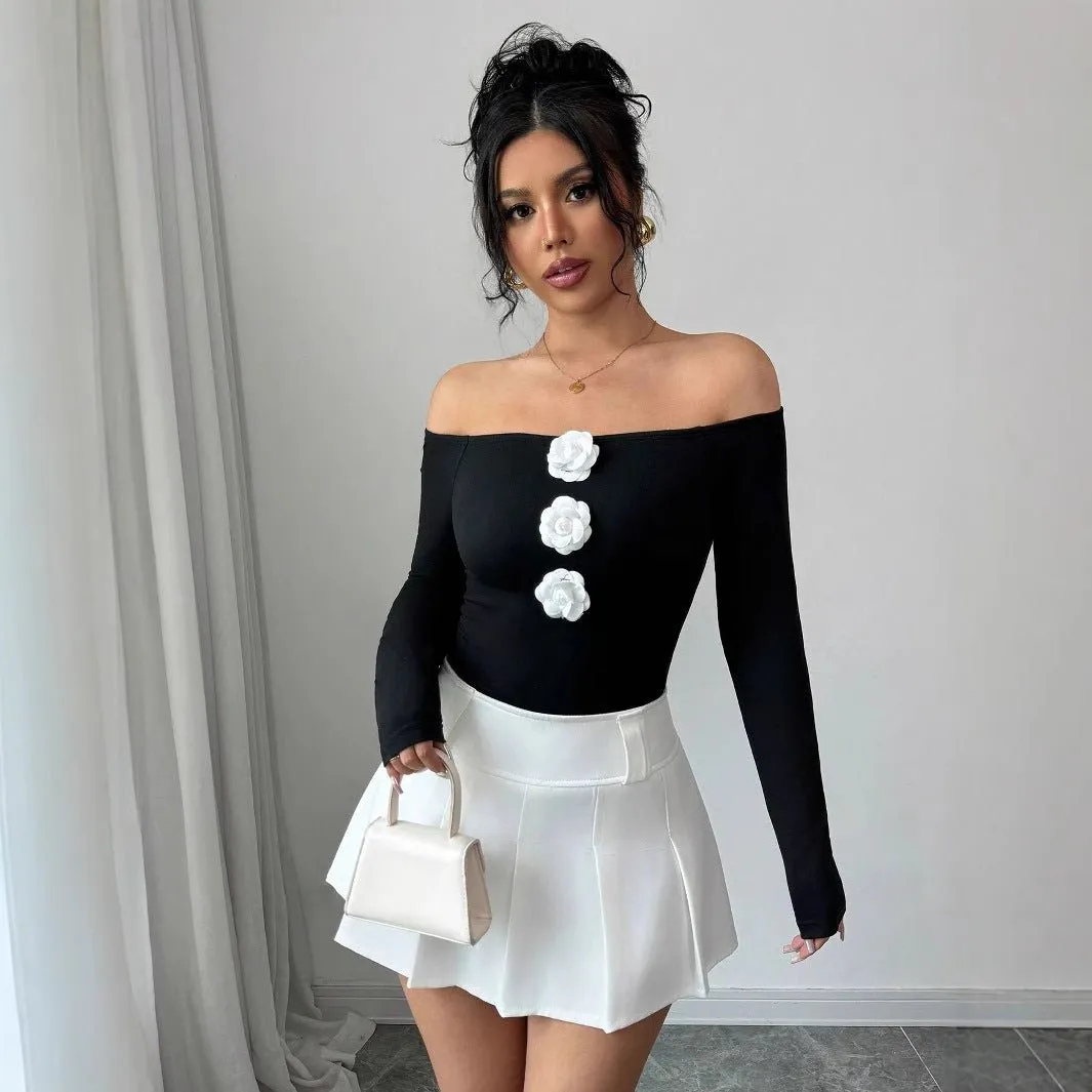 Women's 3D flower off-the-shoulder one-word collar slim-fitting long-sleeved T-shirt top women sold by Negative product image thumbnail 4