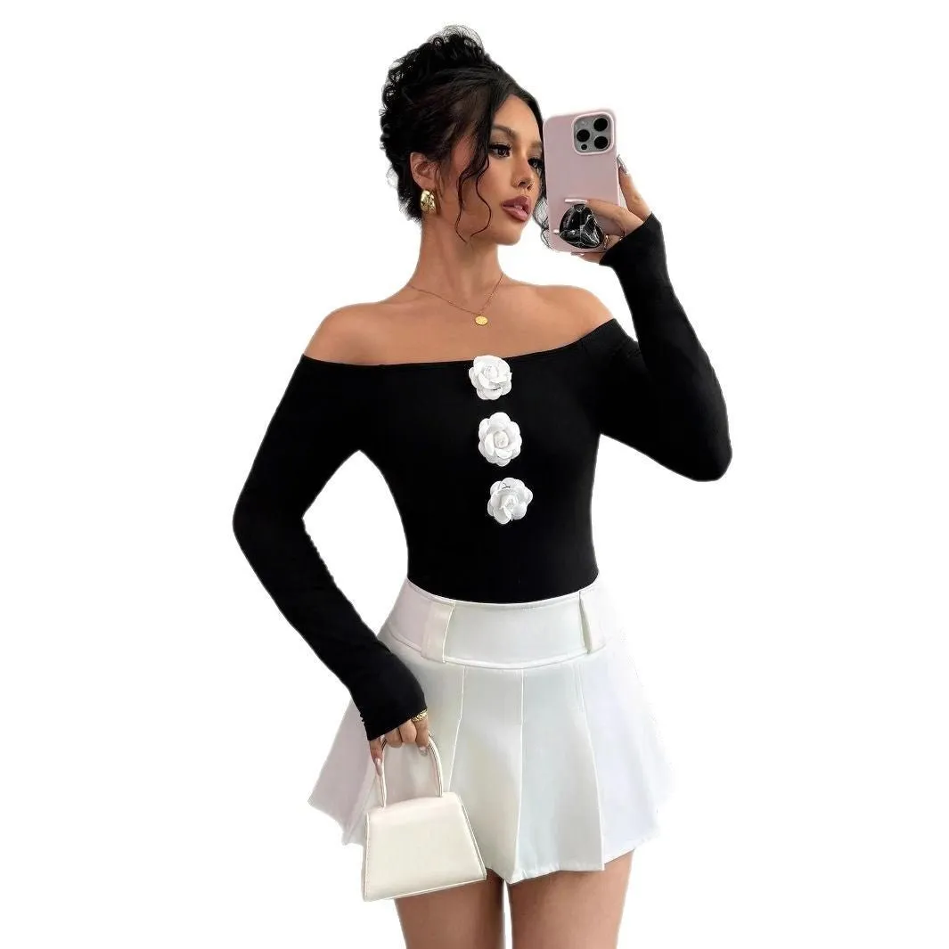 Women's 3D flower off-the-shoulder one-word collar slim-fitting long-sleeved T-shirt top women sold by Negative product image thumbnail 5