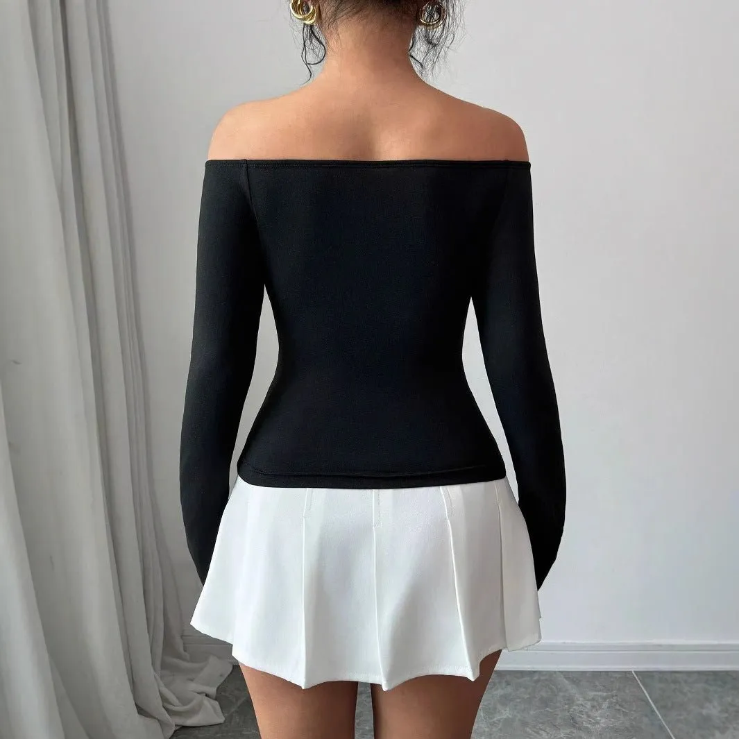 Women's 3D flower off-the-shoulder one-word collar slim-fitting long-sleeved T-shirt top women sold by Negative product image thumbnail 2