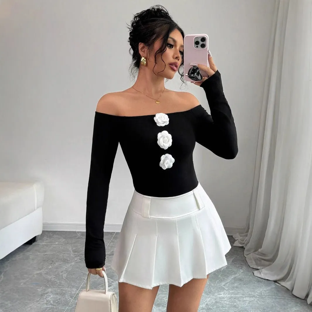 Women's 3D flower off-the-shoulder one-word collar slim-fitting long-sleeved T-shirt top women sold by Negative product image thumbnail 3