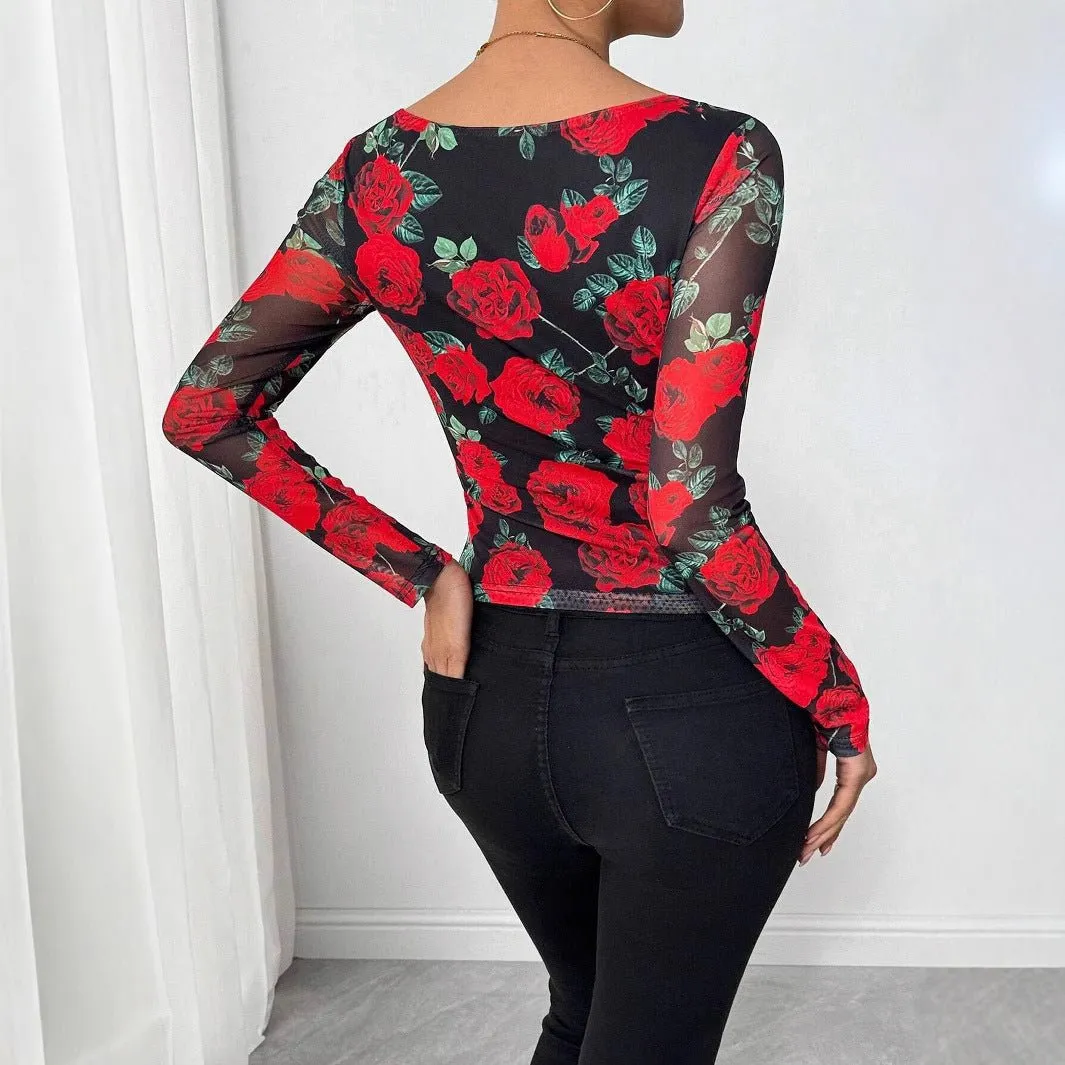 Women's French romantic rose flower mesh printing sexy U-neck T-shirt sold by Negative product image thumbnail 2
