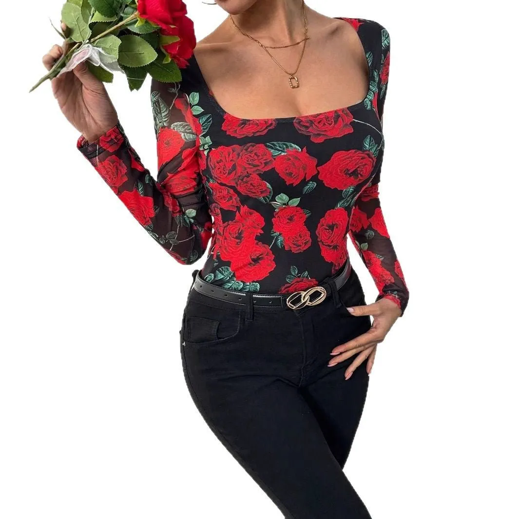 Women's French romantic rose flower mesh printing sexy U-neck T-shirt sold by Negative product image thumbnail 5