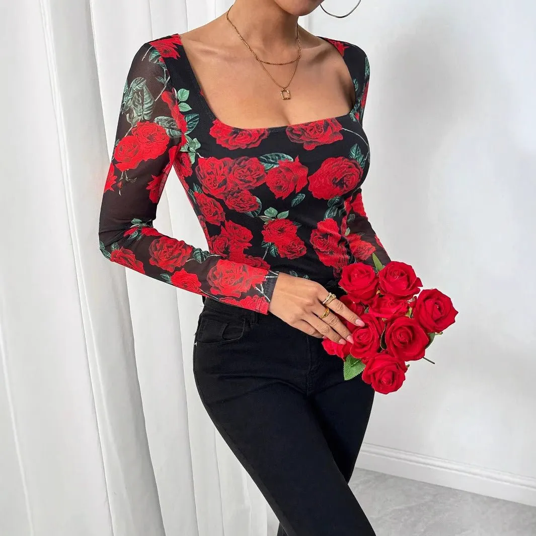 Women's French romantic rose flower mesh printing sexy U-neck T-shirt sold by Negative product image thumbnail 4