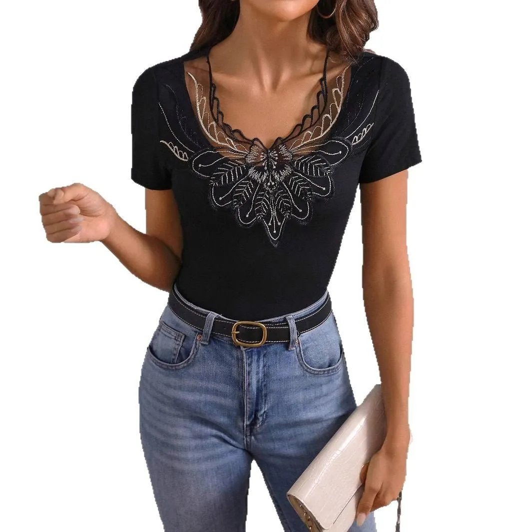 Women's solid color simple fashion embroidery short-sleeved T-shirt sold by Negative product image thumbnail 5