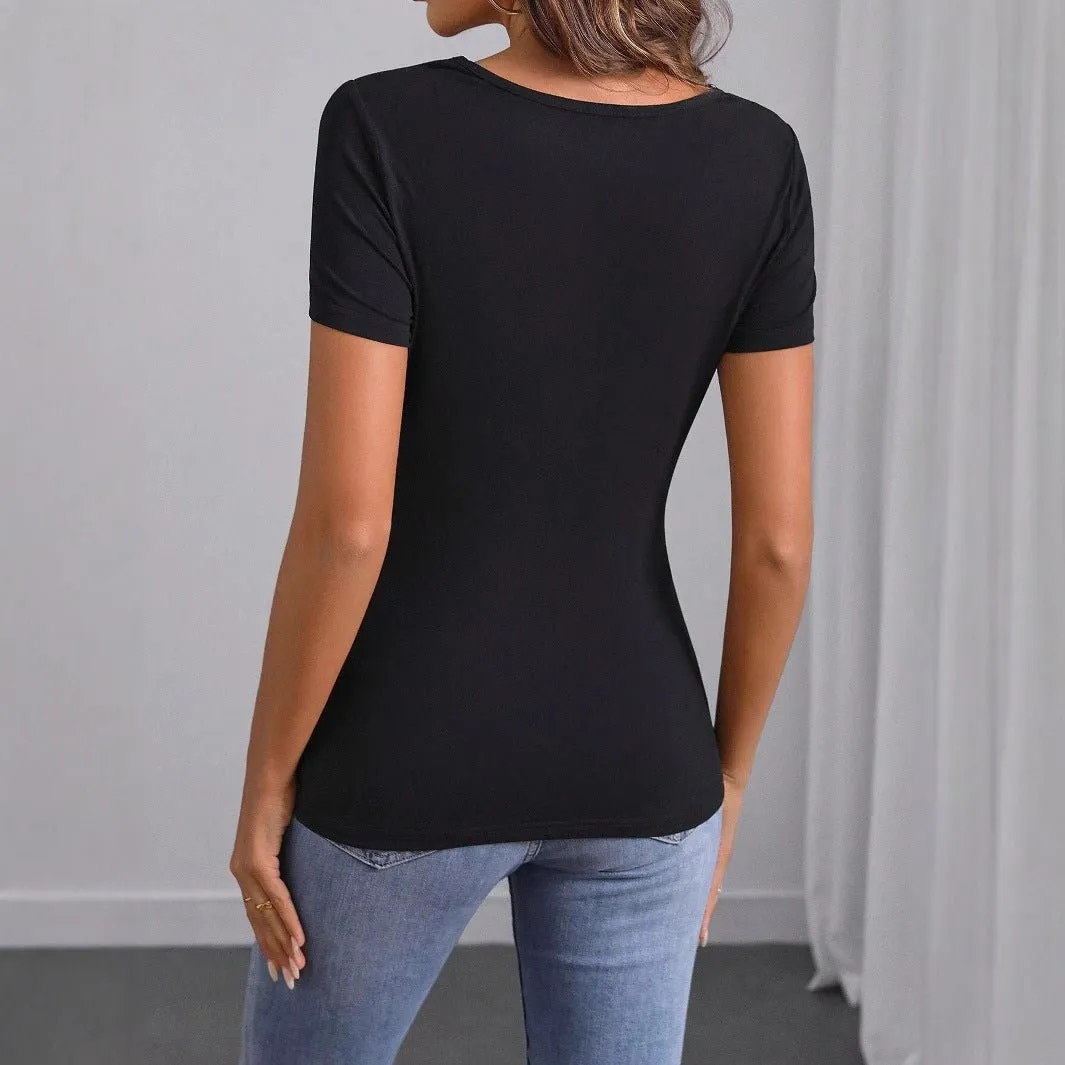 Women's solid color simple fashion embroidery short-sleeved T-shirt sold by Negative product image thumbnail 2