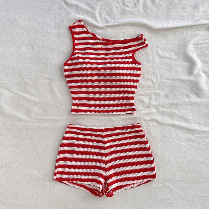 Summer new vacation style striped small vest hip short suit women made by Negative