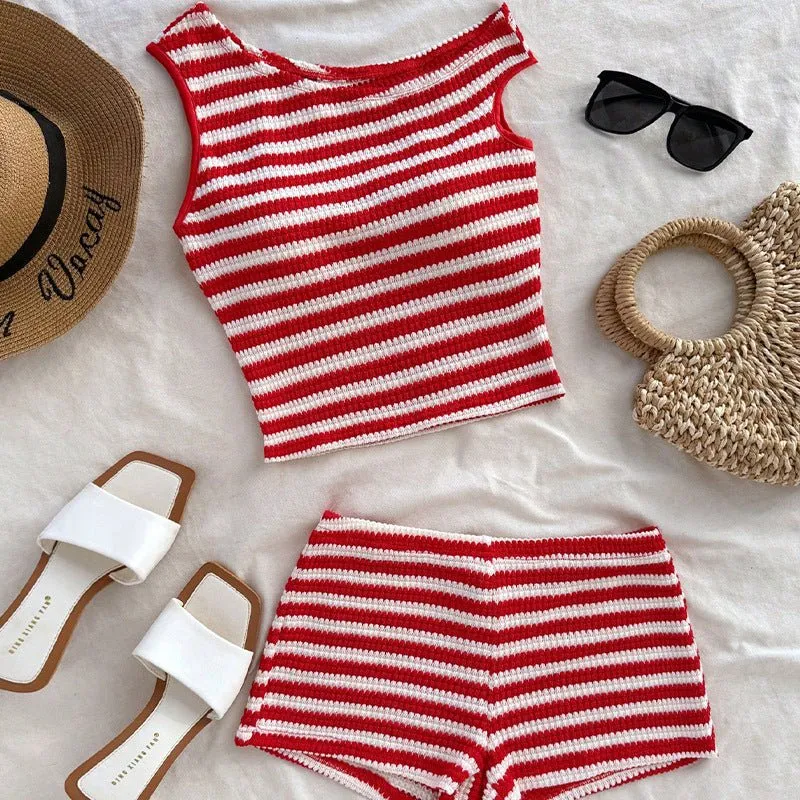 Summer new vacation style striped small vest hip short suit women sold by Negative product image thumbnail 2