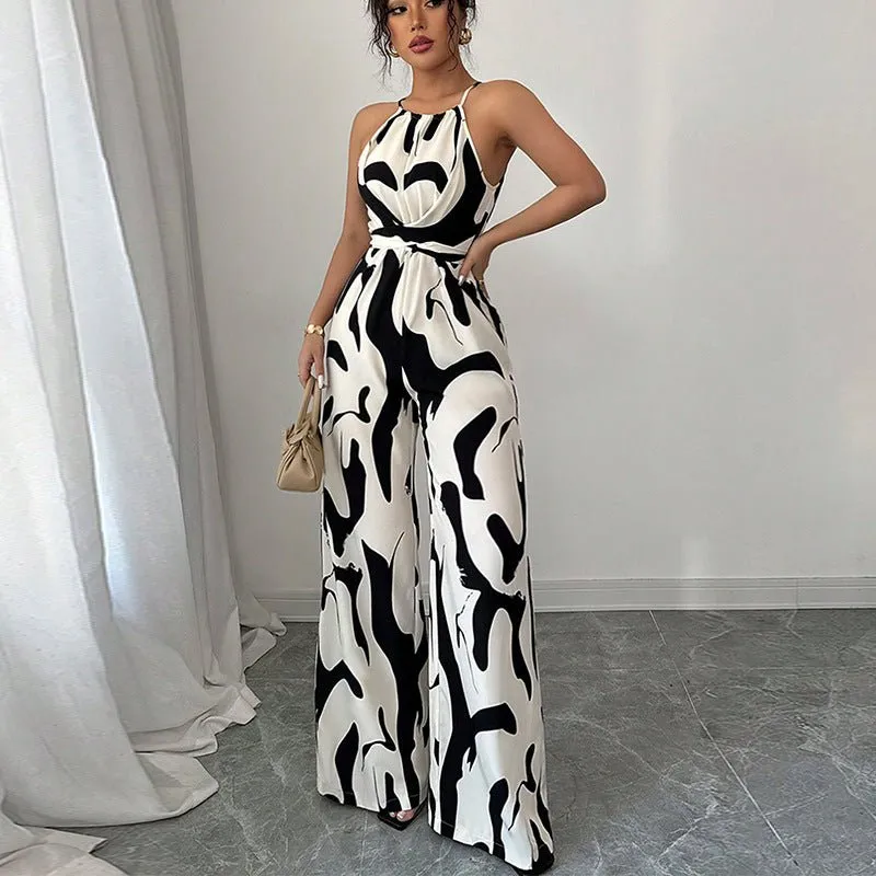 2025 spring and summer INS zebra pattern suspender jumpsuit European and American style lace-up wide-leg trousers women's clothing made by Negative