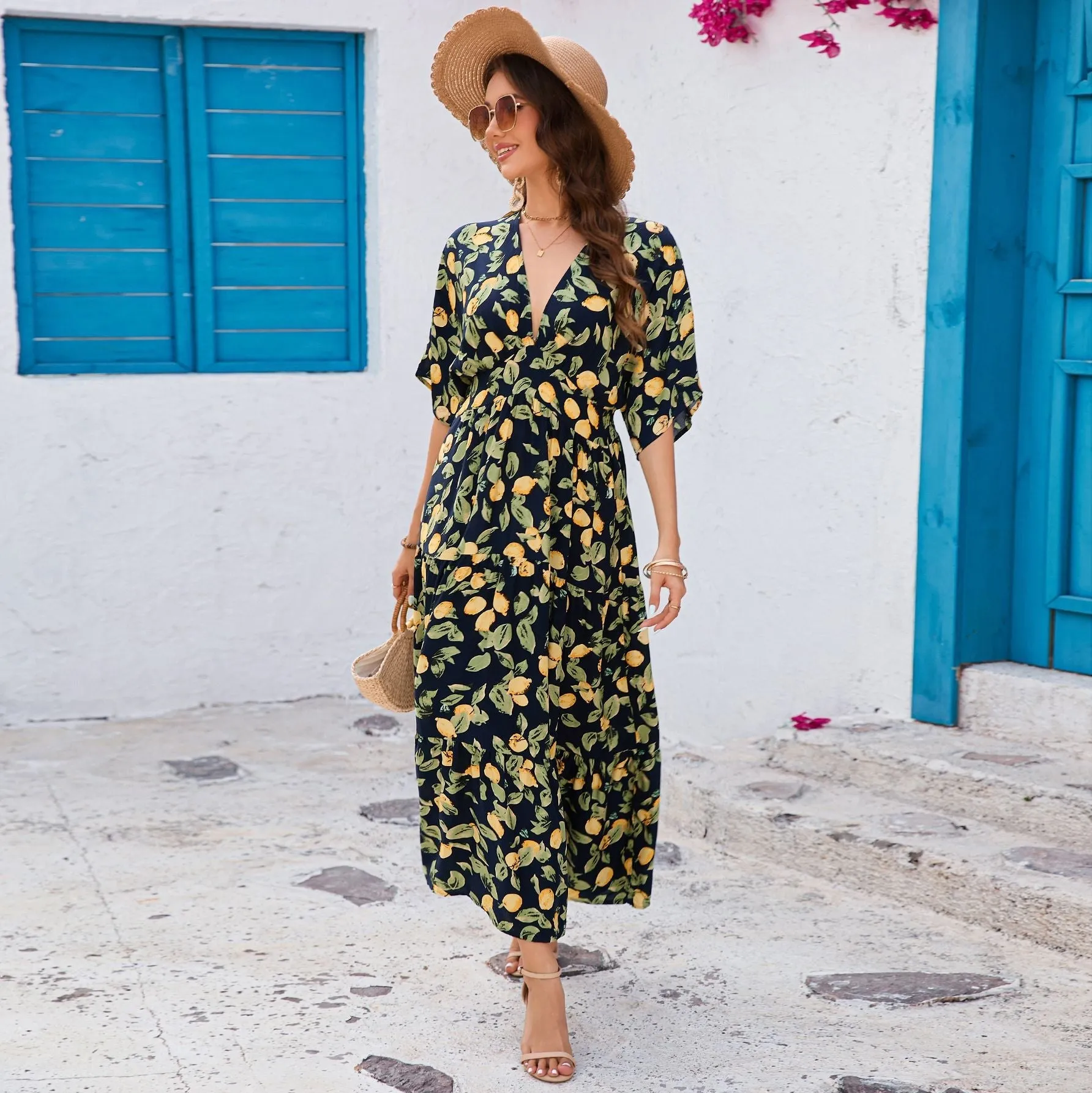 Bat sleeves V-neck waist long dress beach vacation dress women sold by Negative product image thumbnail 2