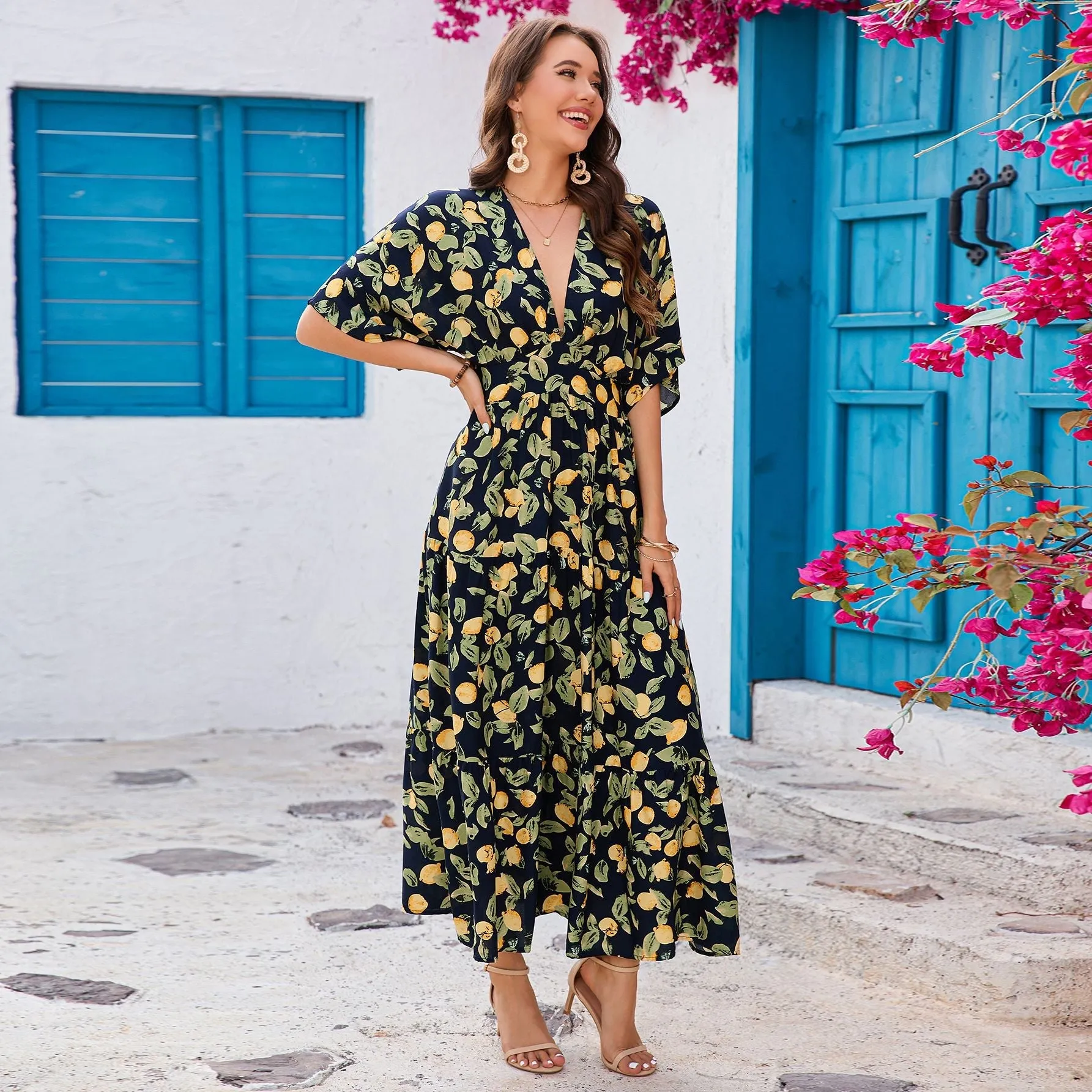 Bat sleeves V-neck waist long dress beach vacation dress women sold by Negative product image thumbnail 4