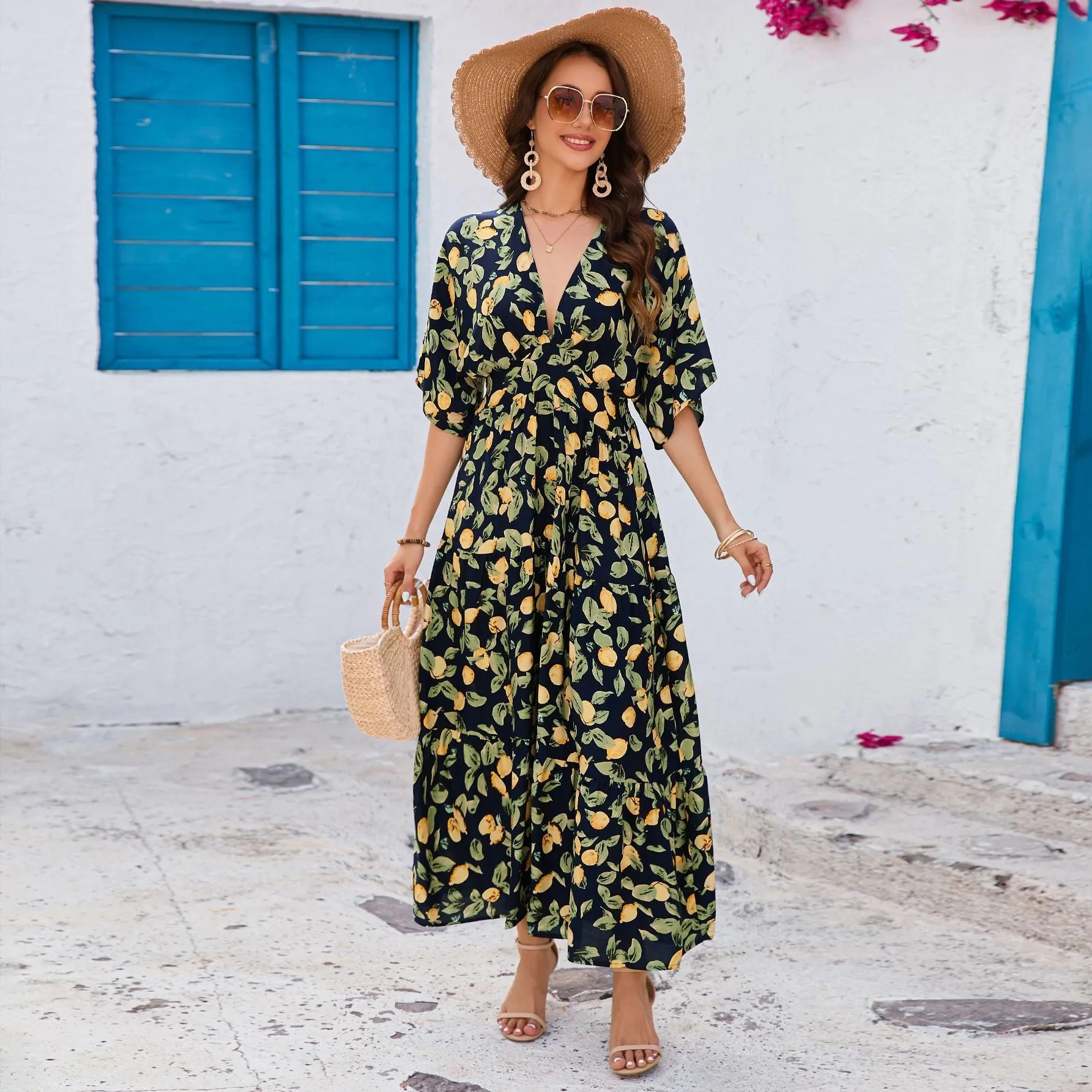 Bat sleeves V-neck waist long dress beach vacation dress women sold by Negative product image thumbnail 3