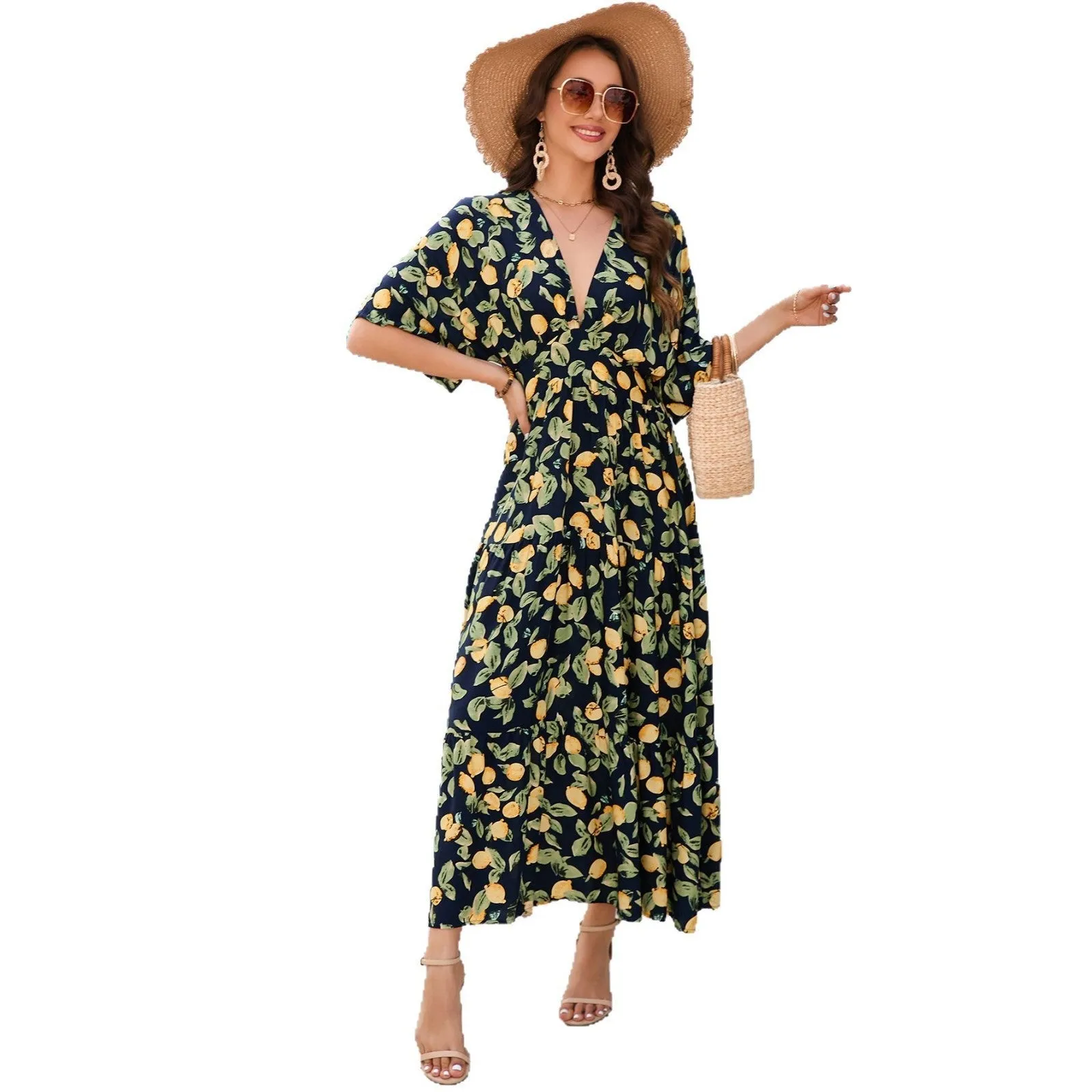 Bat sleeves V-neck waist long dress beach vacation dress women sold by Negative product image thumbnail 5