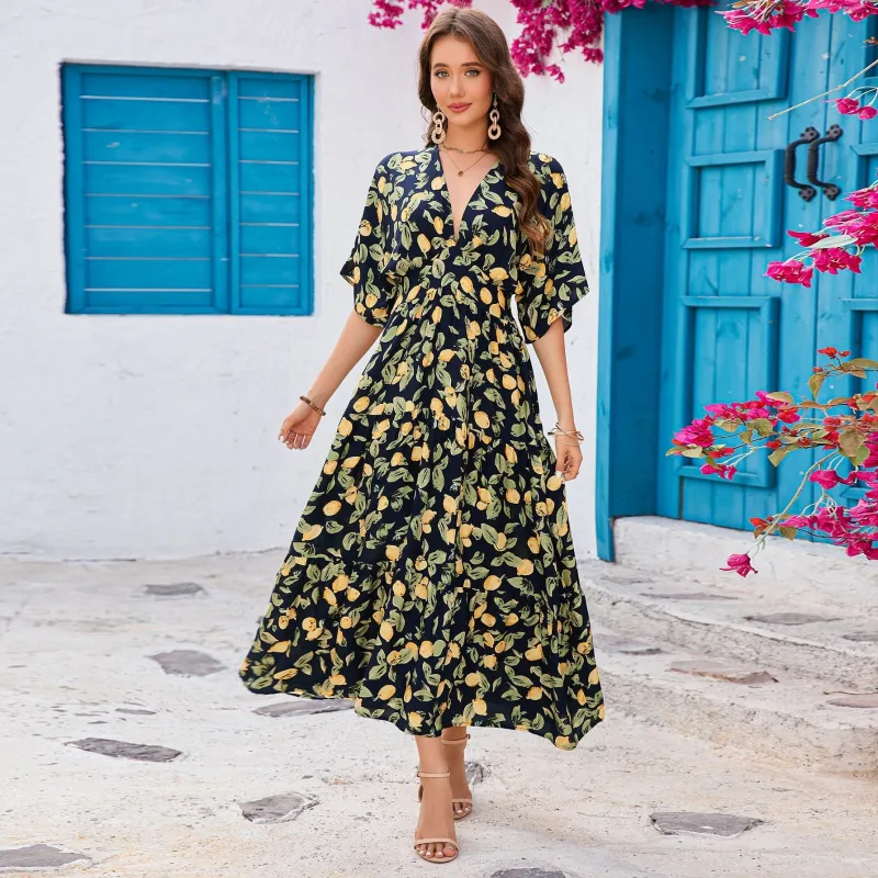 Bat sleeves V-neck waist long dress beach vacation dress women made by Negative