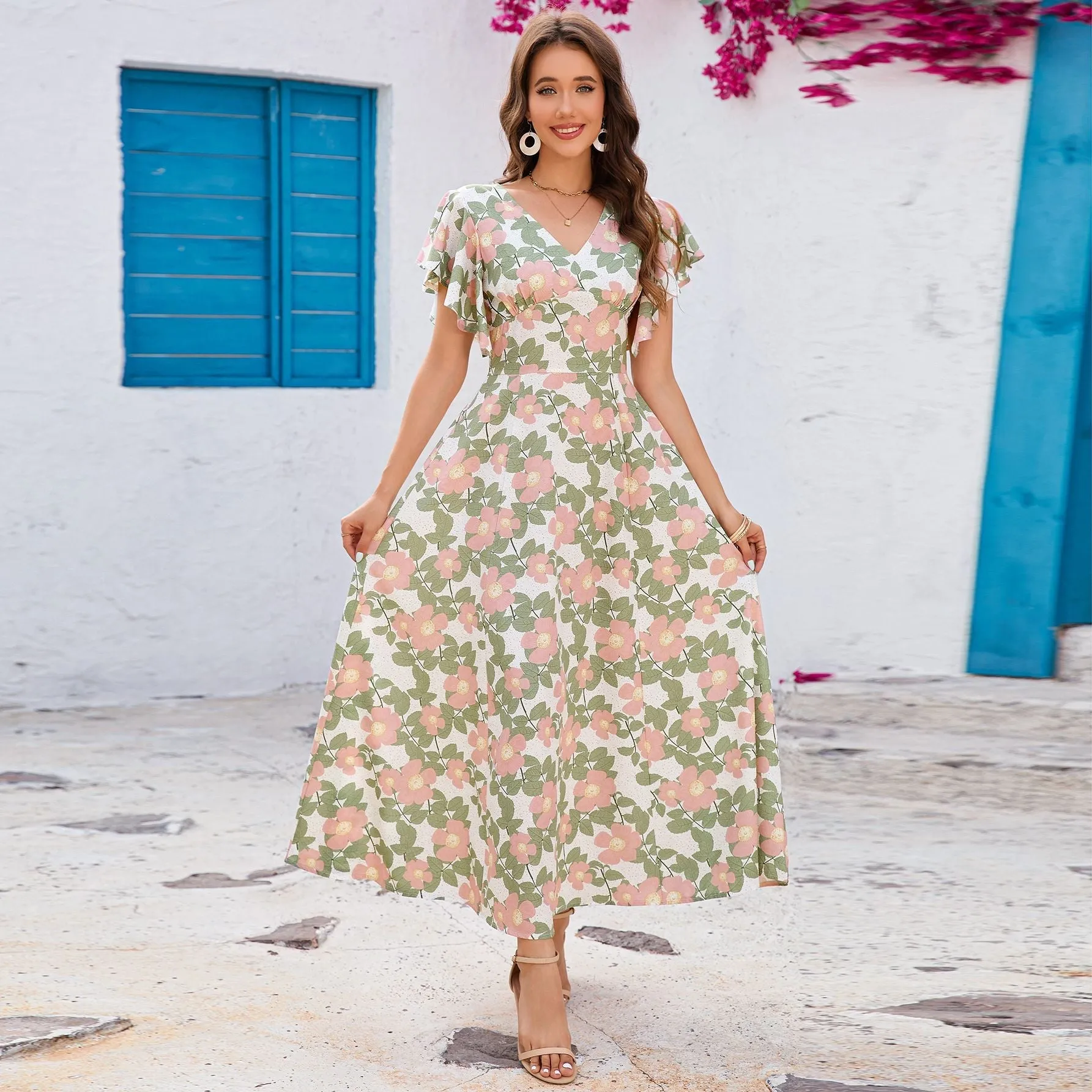 V-neck ruffle edge short-sleeved slim-fitting versatile dress sold by Negative product image thumbnail 4