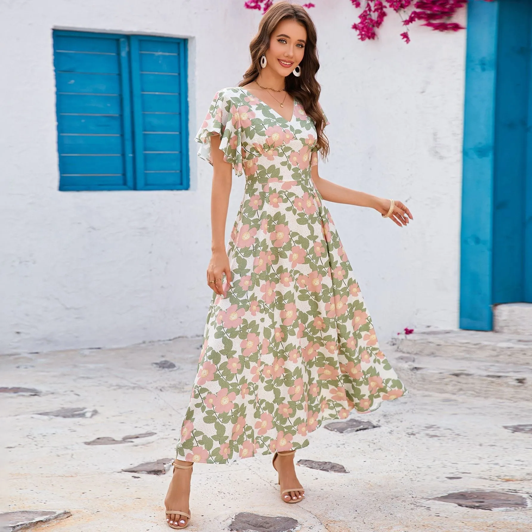 V-neck ruffle edge short-sleeved slim-fitting versatile dress sold by Negative product image thumbnail 2