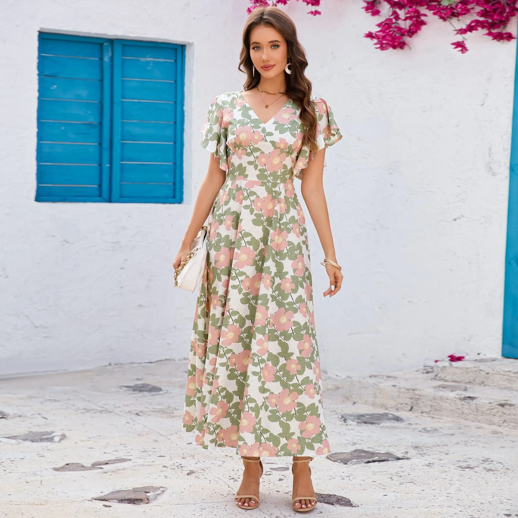 V-neck ruffle edge short-sleeved slim-fitting versatile dress sold by Negative product image thumbnail 3