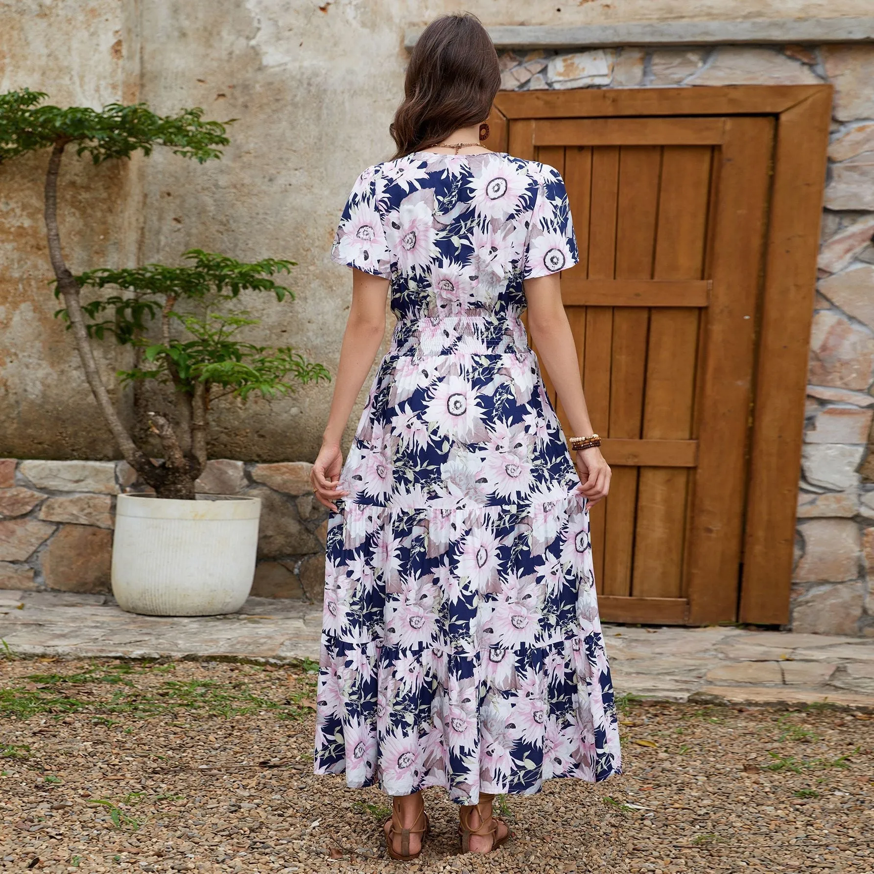 The Floral Escape | Women's Printed V-Neck Short-Sleeve Maxi Dress sold by Negative product image thumbnail 4