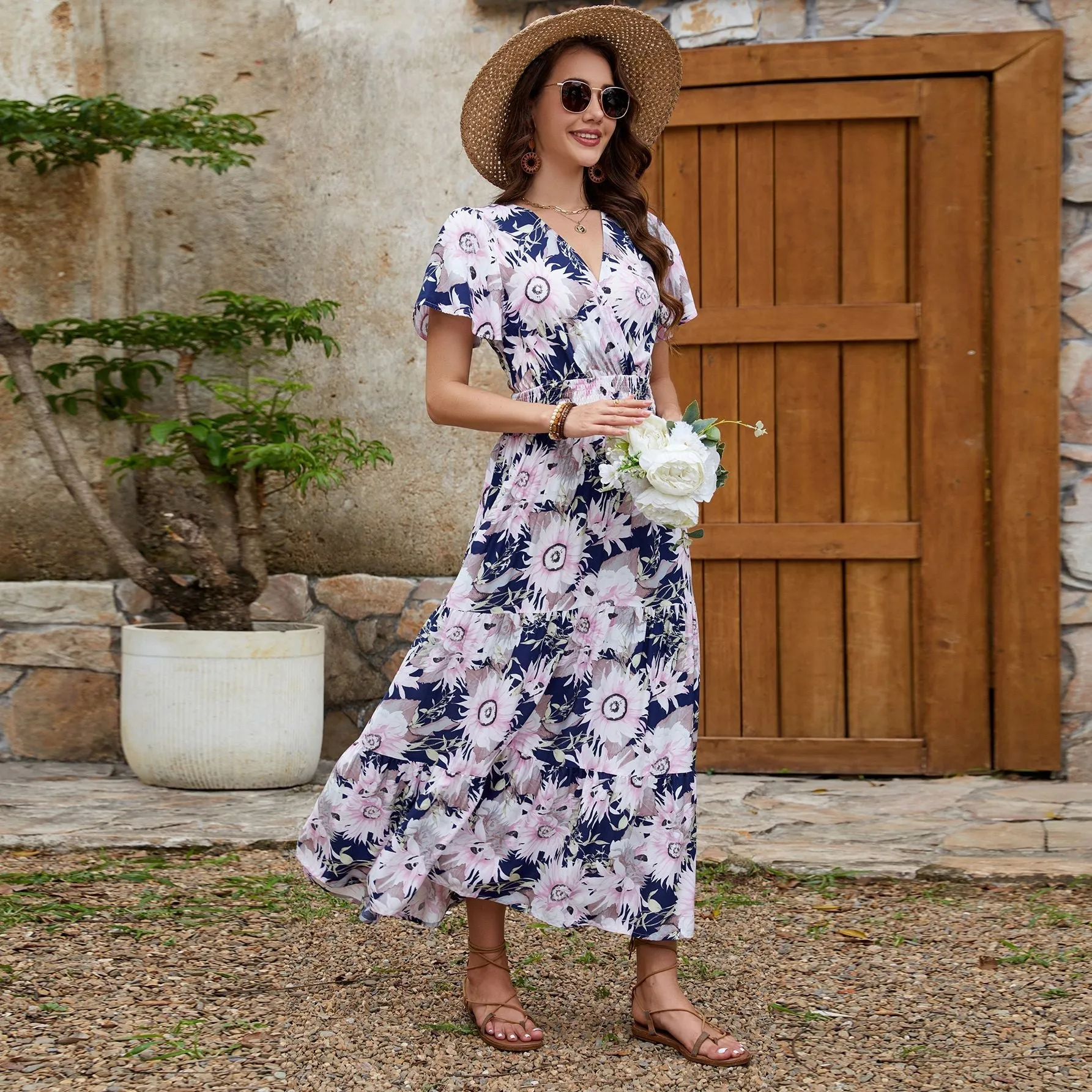 The Floral Escape | Women's Printed V-Neck Short-Sleeve Maxi Dress sold by Negative product image thumbnail 3