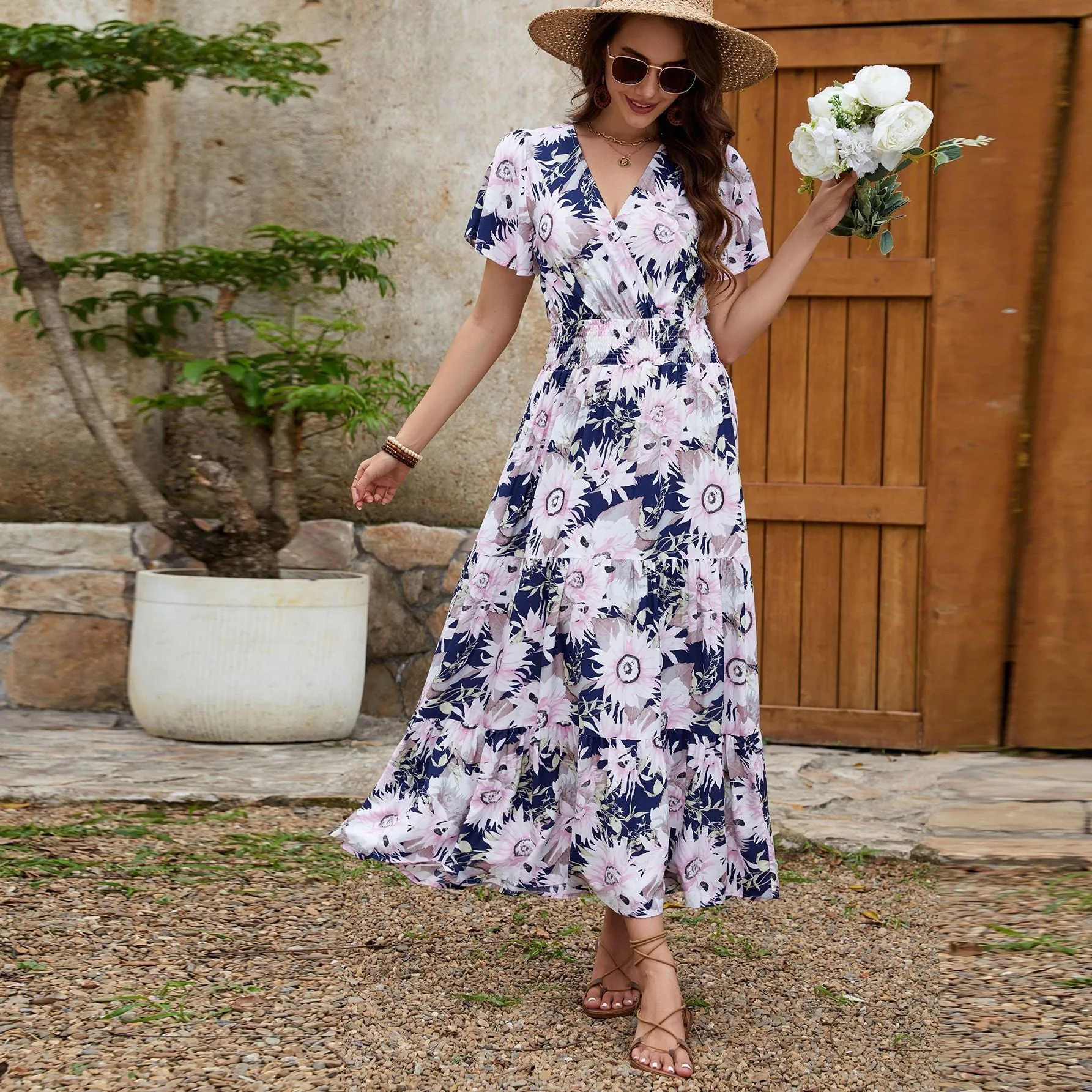 The Floral Escape | Women's Printed V-Neck Short-Sleeve Maxi Dress sold by Negative