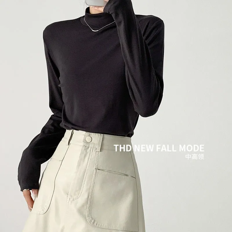 Modal half-high collar top for women, new spring style, slim-fitting long-sleeved T-shirt, slim protein bottoming shirt made by Negative