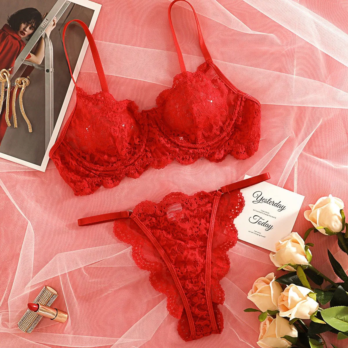 Suspender Tease | Lace Perspective Alluring Lingerie Bra Set sold by Negative product image thumbnail 2