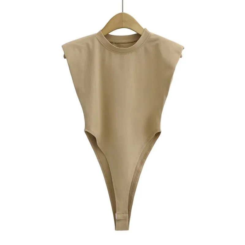 Right angle shoulder pad bodysuit summer new T-shirt solid color open crotch tight bodysuit sold by Negative product image thumbnail 3