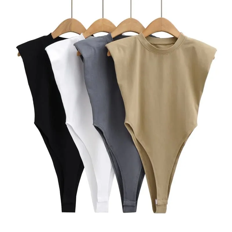 Right angle shoulder pad bodysuit summer new T-shirt solid color open crotch tight bodysuit made by Negative