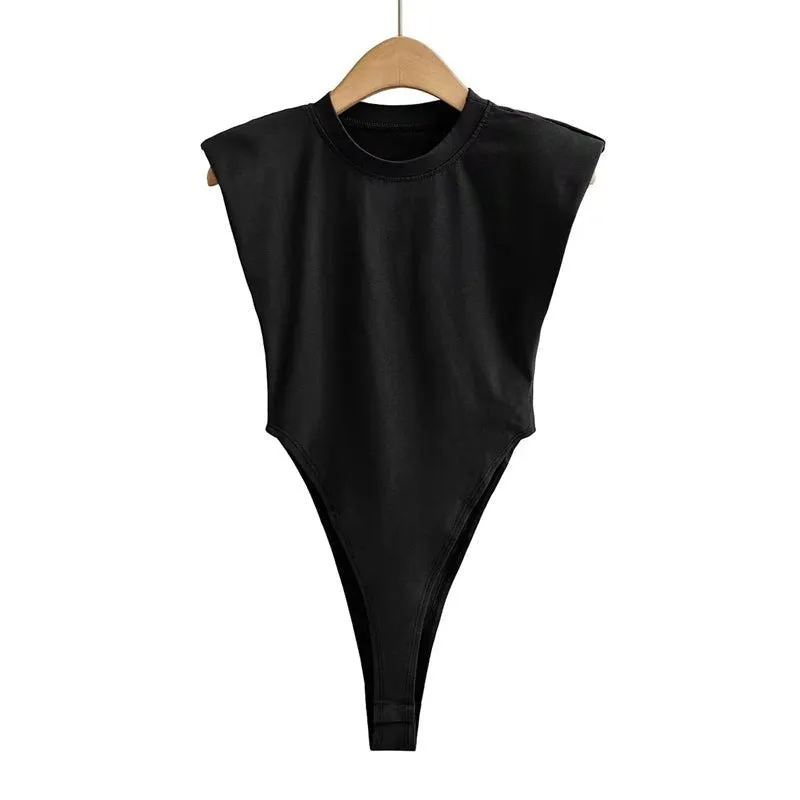 Right angle shoulder pad bodysuit summer new T-shirt solid color open crotch tight bodysuit sold by Negative product image thumbnail 5