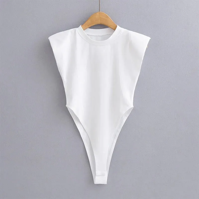 Right angle shoulder pad bodysuit summer new T-shirt solid color open crotch tight bodysuit sold by Negative product image thumbnail 4
