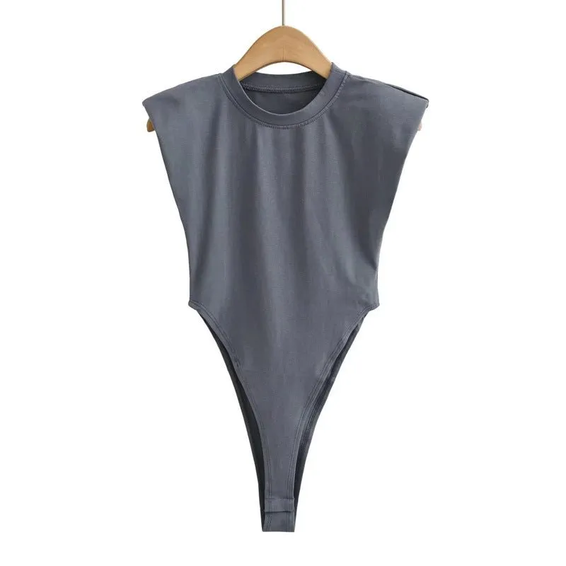 Right angle shoulder pad bodysuit summer new T-shirt solid color open crotch tight bodysuit sold by Negative product image thumbnail 2