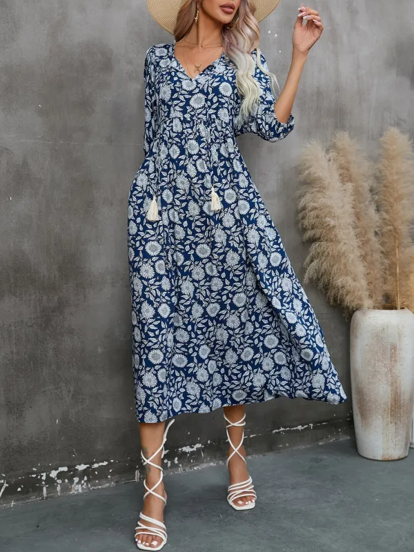 The Navy Boho | Women's Floral Print V-Neck Half-Sleeve Midi Dress sold by Negative