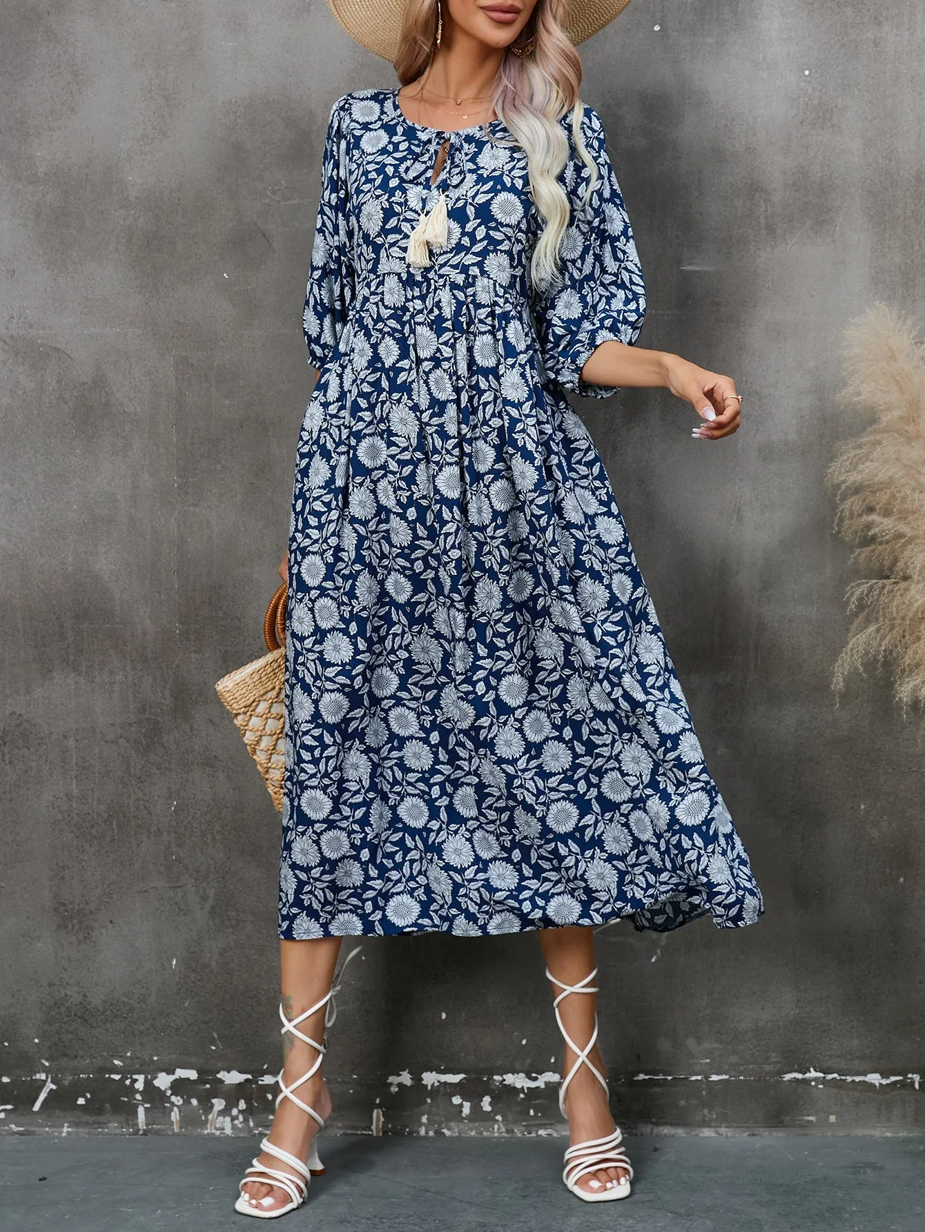 The Navy Boho | Women's Floral Print V-Neck Half-Sleeve Midi Dress sold by Negative product image thumbnail 5