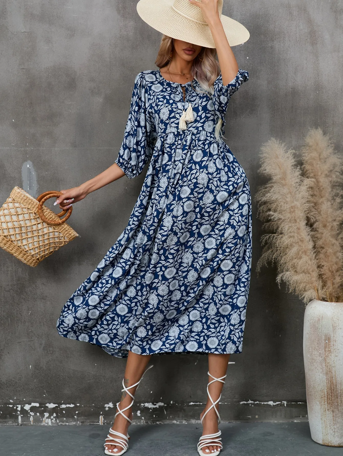 The Navy Boho | Women's Floral Print V-Neck Half-Sleeve Midi Dress sold by Negative product image thumbnail 4