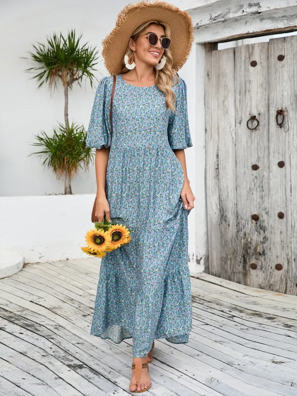 The Desert Bloom | Women's Floral Print Lantern Sleeve Loose Maxi Dress made by Negative