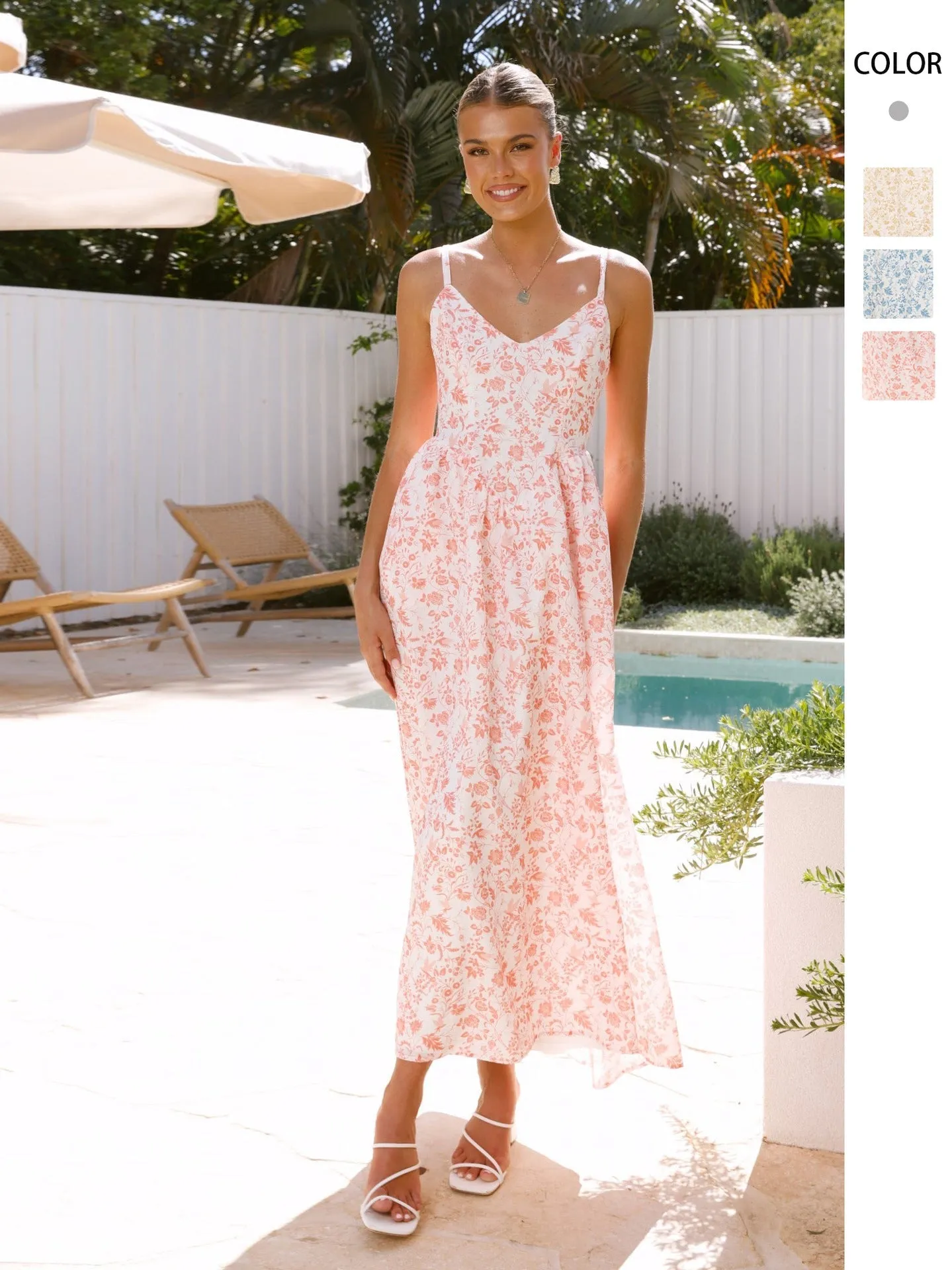 The Boho Blossom | Women's Floral Print Backless Bow-Tie Suspender Maxi Dress sold by Negative