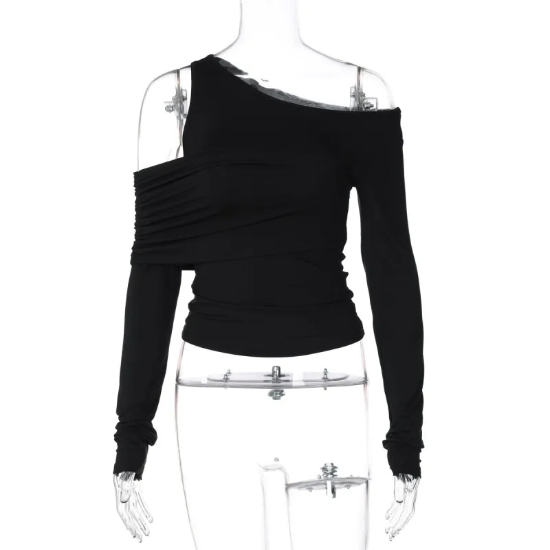 Irregular oblique shoulder pleated slim T-shirt top made by Negative