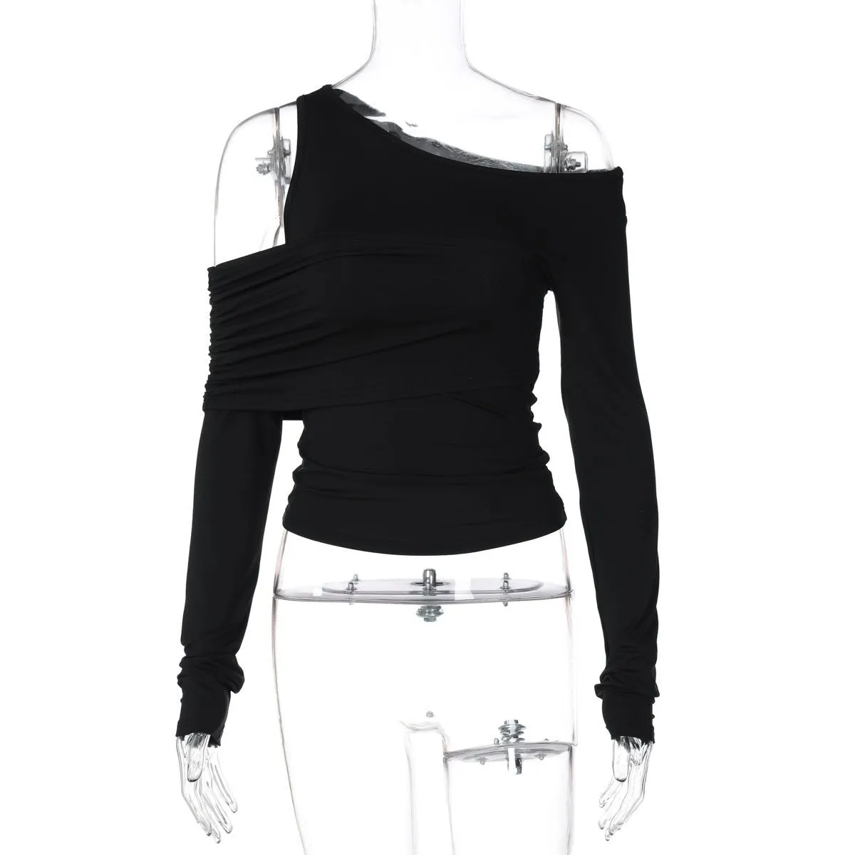 Irregular oblique shoulder pleated slim T-shirt top sold by Negative