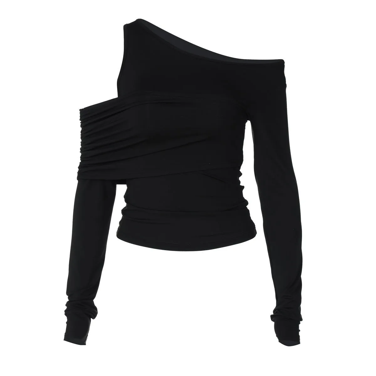 Irregular oblique shoulder pleated slim T-shirt top sold by Negative product image thumbnail 4