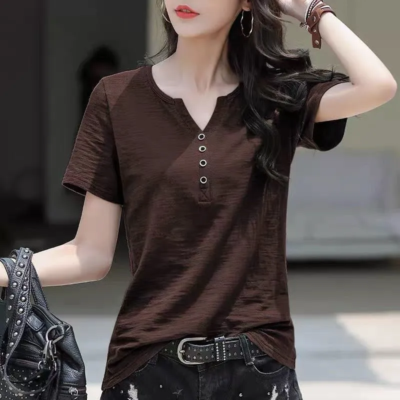Short-sleeved T-shirt for women, v-neck, loose and slim, 2025 summer Korean version, large size, solid color, simple half-sleeved top made by Negative